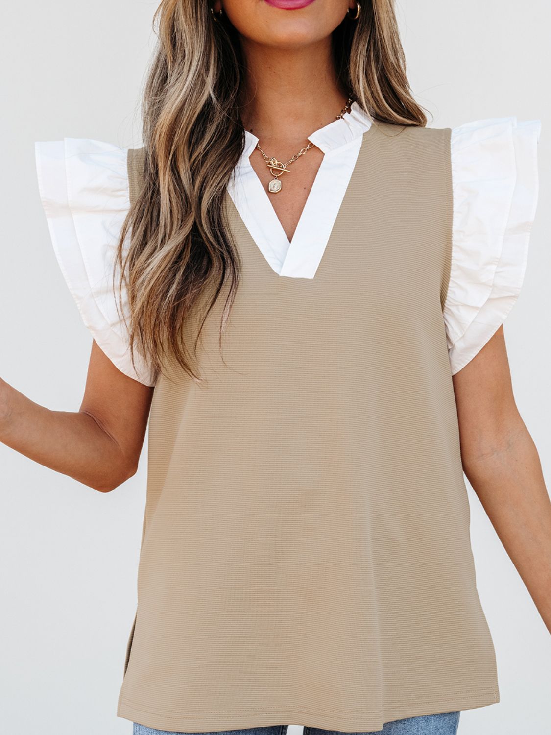 Khaki blouse with white contrast collar and ruffle sleeves, V-neck, casual chic style.