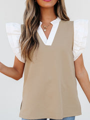 Khaki blouse with white contrast collar and ruffle sleeves, V-neck, casual chic style.