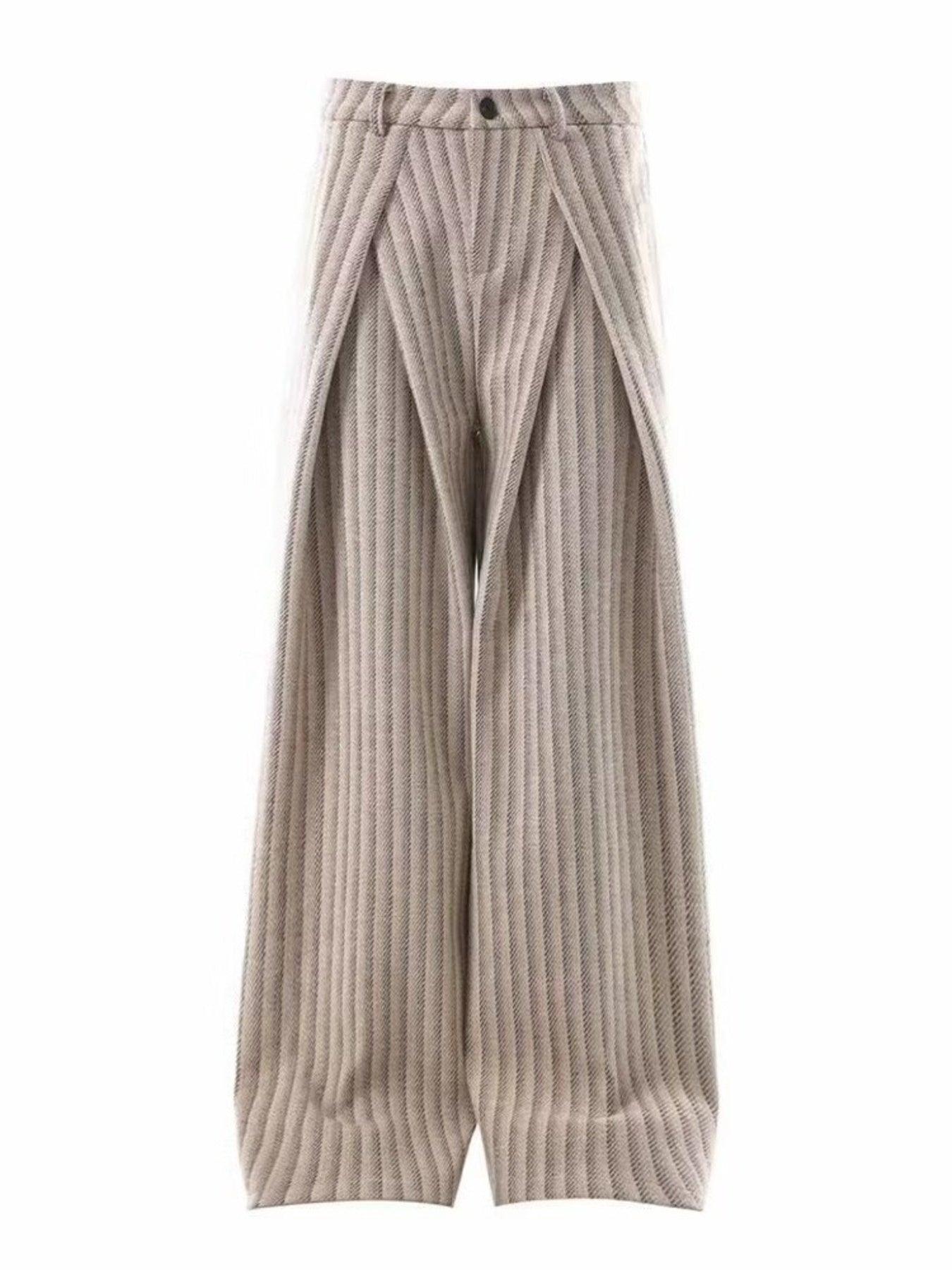 Men's Khaki wide leg trousers with vertical pinstripe pattern and pleated front detail.