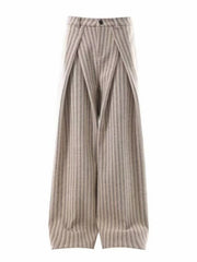 Men's Khaki wide leg trousers with vertical pinstripe pattern and pleated front detail.
