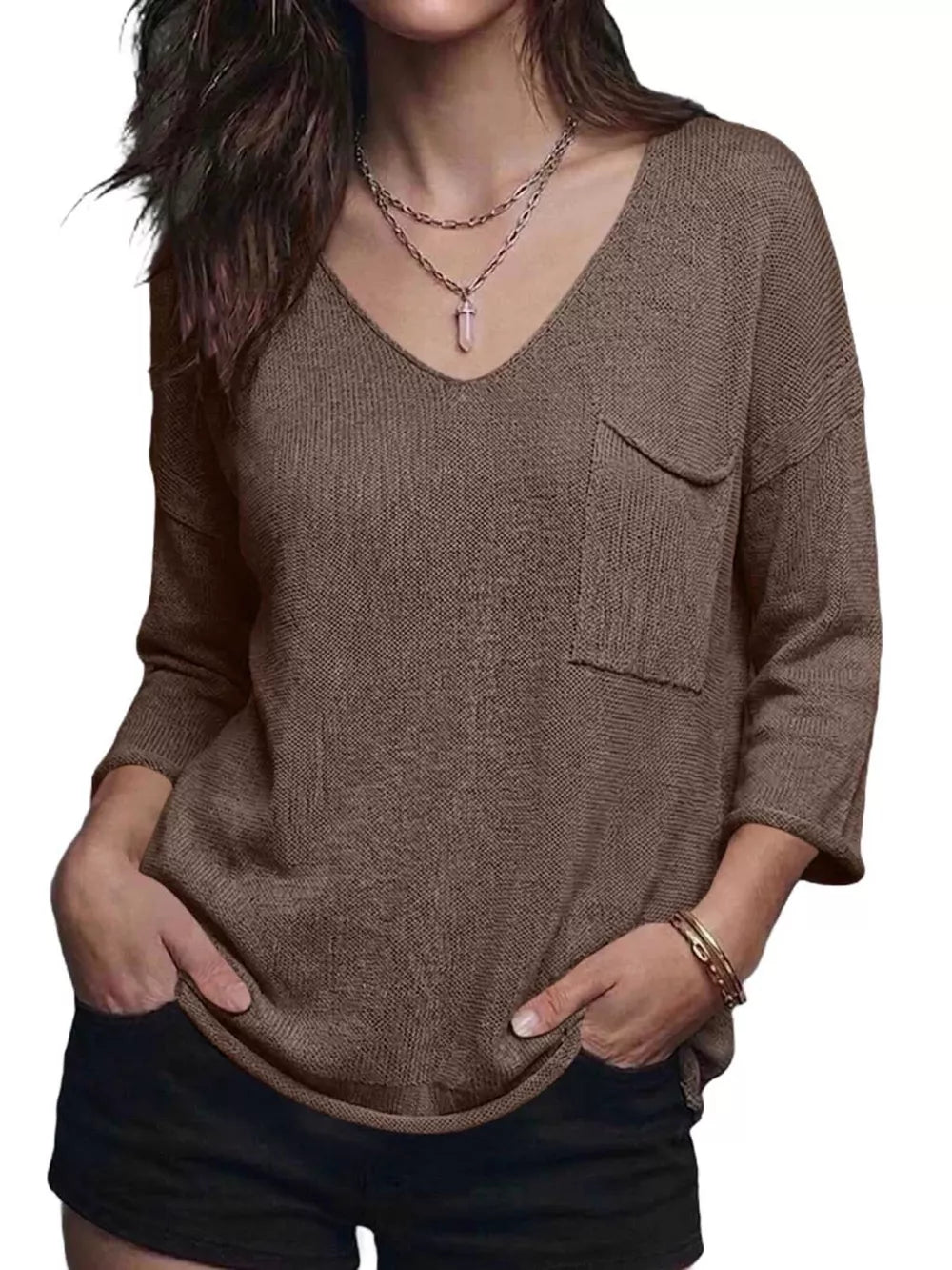 V-neck Chest Pocket Knit Top in Black, front view