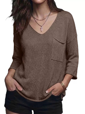 V-neck Chest Pocket Knit Top in Black, front view
