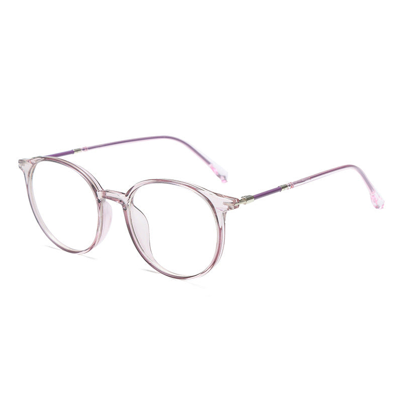 Round acetate eyeglasses with clear lenses and purple metal temples