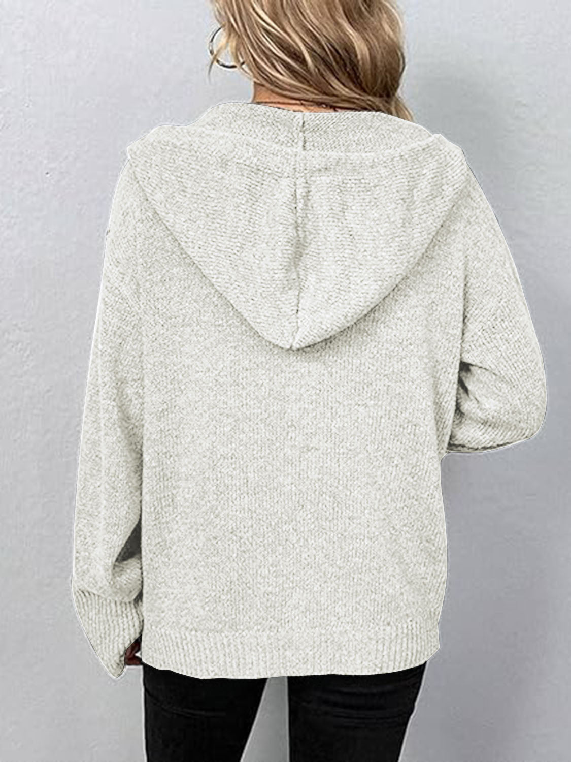 Gray ribbed knit hooded cardigan with a relaxed fit, shown from the back.