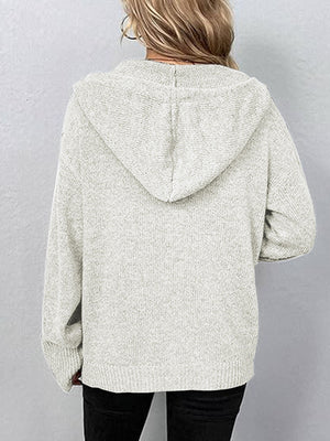 Gray ribbed knit hooded cardigan with a relaxed fit, shown from the back.