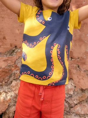 Yellow cotton toddler t-shirt with a navy octopus print and orange suction cups.