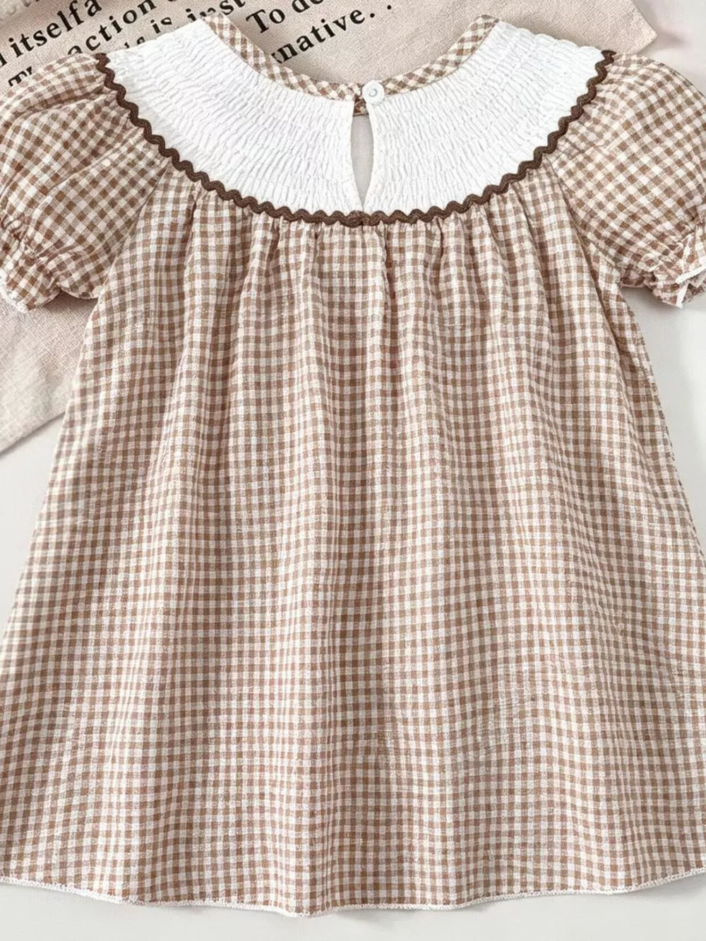 Children's Gingham Football Puff Sleeve Dress in Brown, fabric detail
