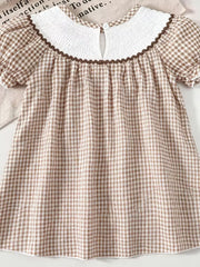 Children's Gingham Football Puff Sleeve Dress in Brown, fabric detail