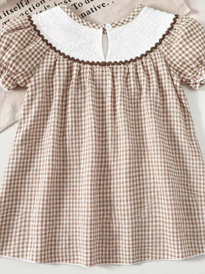 Children's Gingham Football Puff Sleeve Dress in Brown, fabric detail