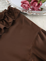 Chocolate ruffled V-neck pajama top detail with satin fabric