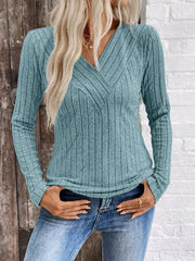 Ribbed V-neck Long Sleeve T-shirt in Grey, fabric detail