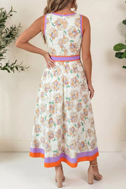 Floral print belted sleeveless midi dress with orange and purple trim