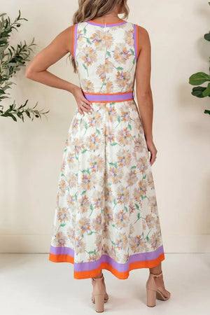 Floral print belted sleeveless midi dress with orange and purple trim