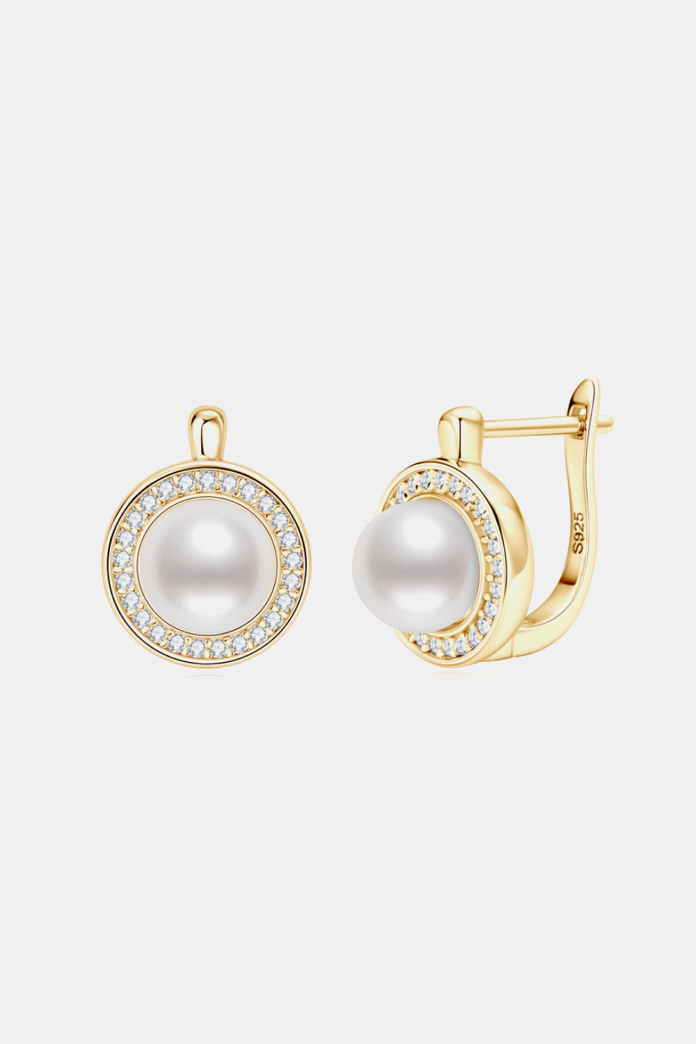 Gold pearl halo leverback earrings with crystal accents