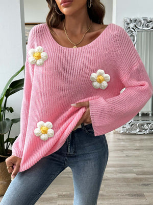 Dusty Pink knit sweater with floral appliqués and a slouchy fit.