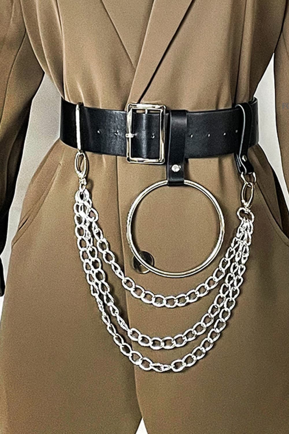 Black leather belt with silver ring and chain details