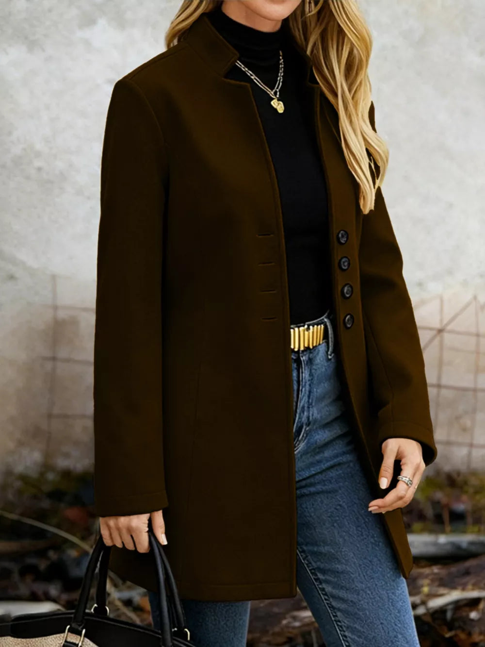 Chic longline trench coat in chocolate with button-down front and collarless neckline.
