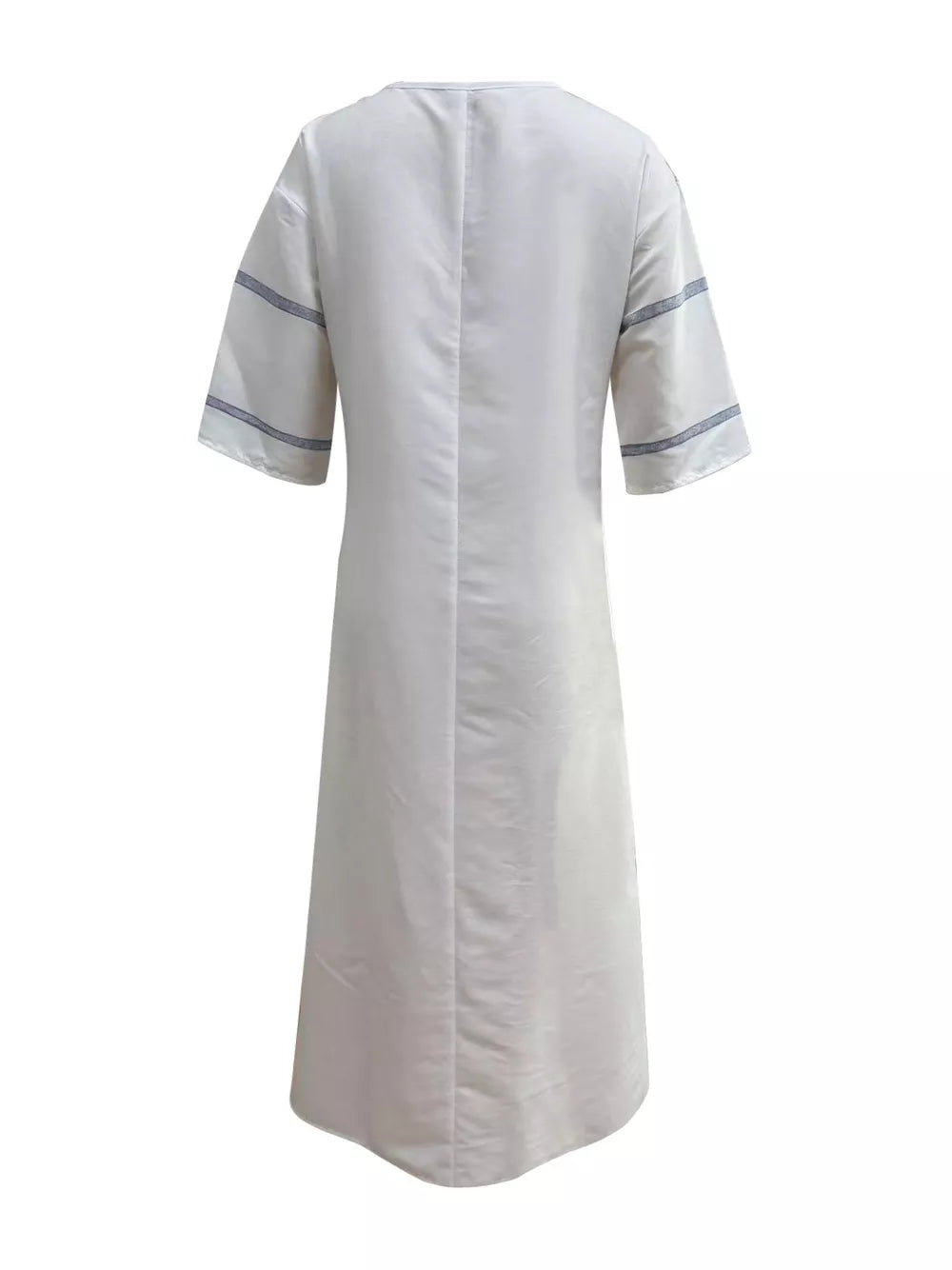 Maxi dress with V-neck, short sleeves, and blue stripe detail on sleeves.