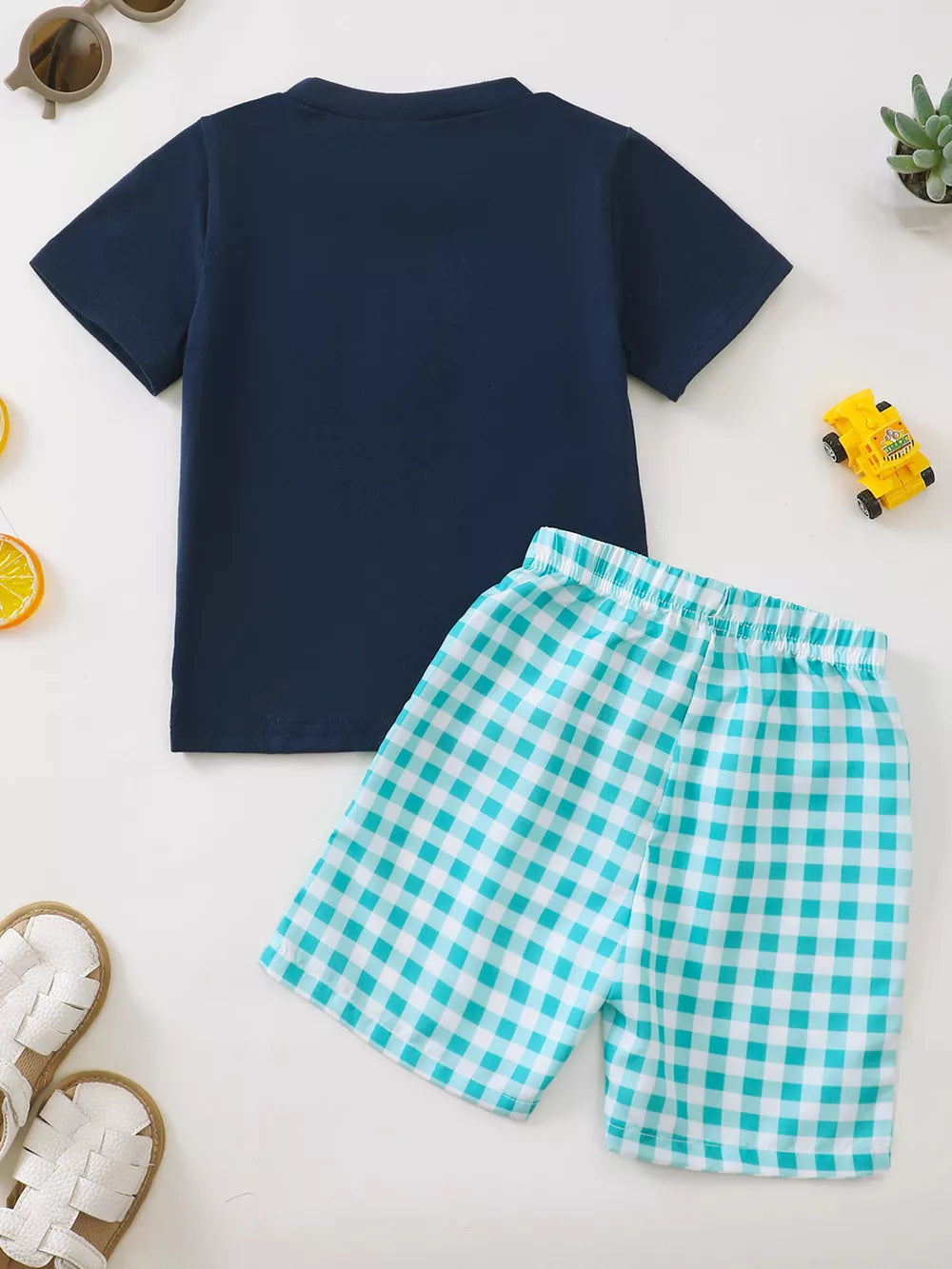Baby set with navy t-shirt and turquoise gingham shorts