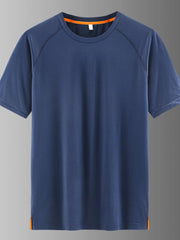 Men's dark blue quick-dry active t-shirt with round neck and orange trim detail.