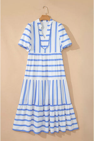 Tiered maxi dress with blue and white stripes, V-neck, short sleeves, and ricrac trim.