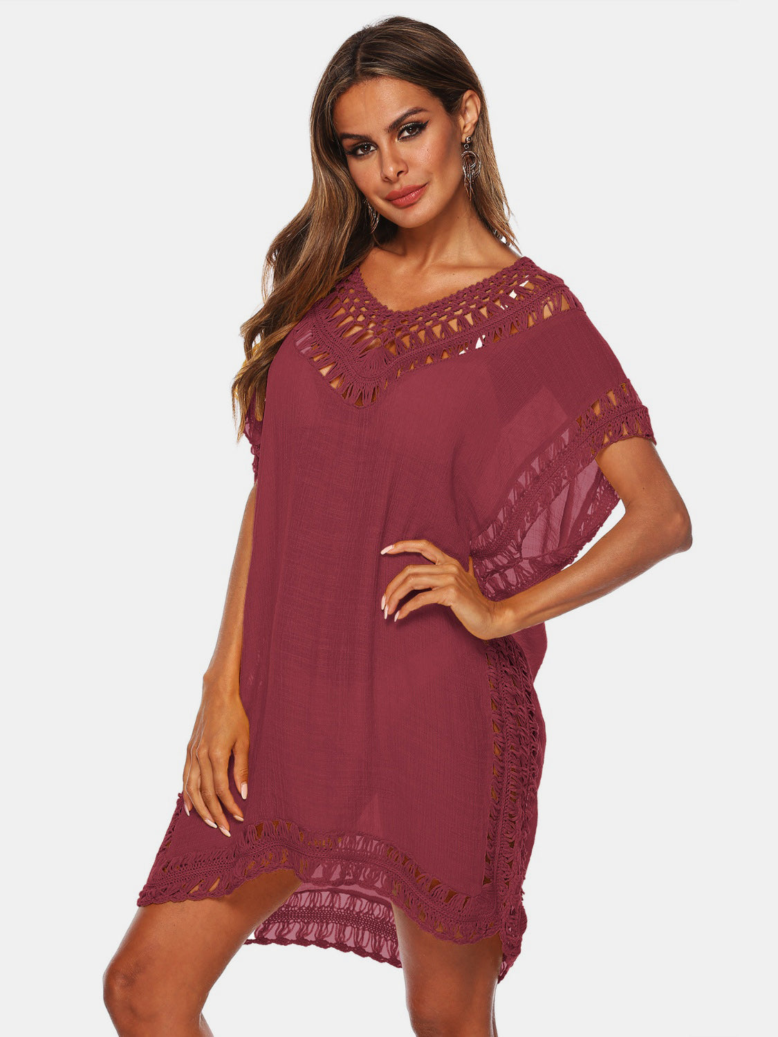Burgundy kaftan cover-up with crochet trim neckline and hem.