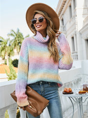 Chunky knit turtleneck sweater in rainbow gradient pastel colors, acrylic blend, with a relaxed fit.