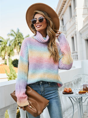 Chunky knit turtleneck sweater in rainbow gradient pastel colors, acrylic blend, with a relaxed fit.