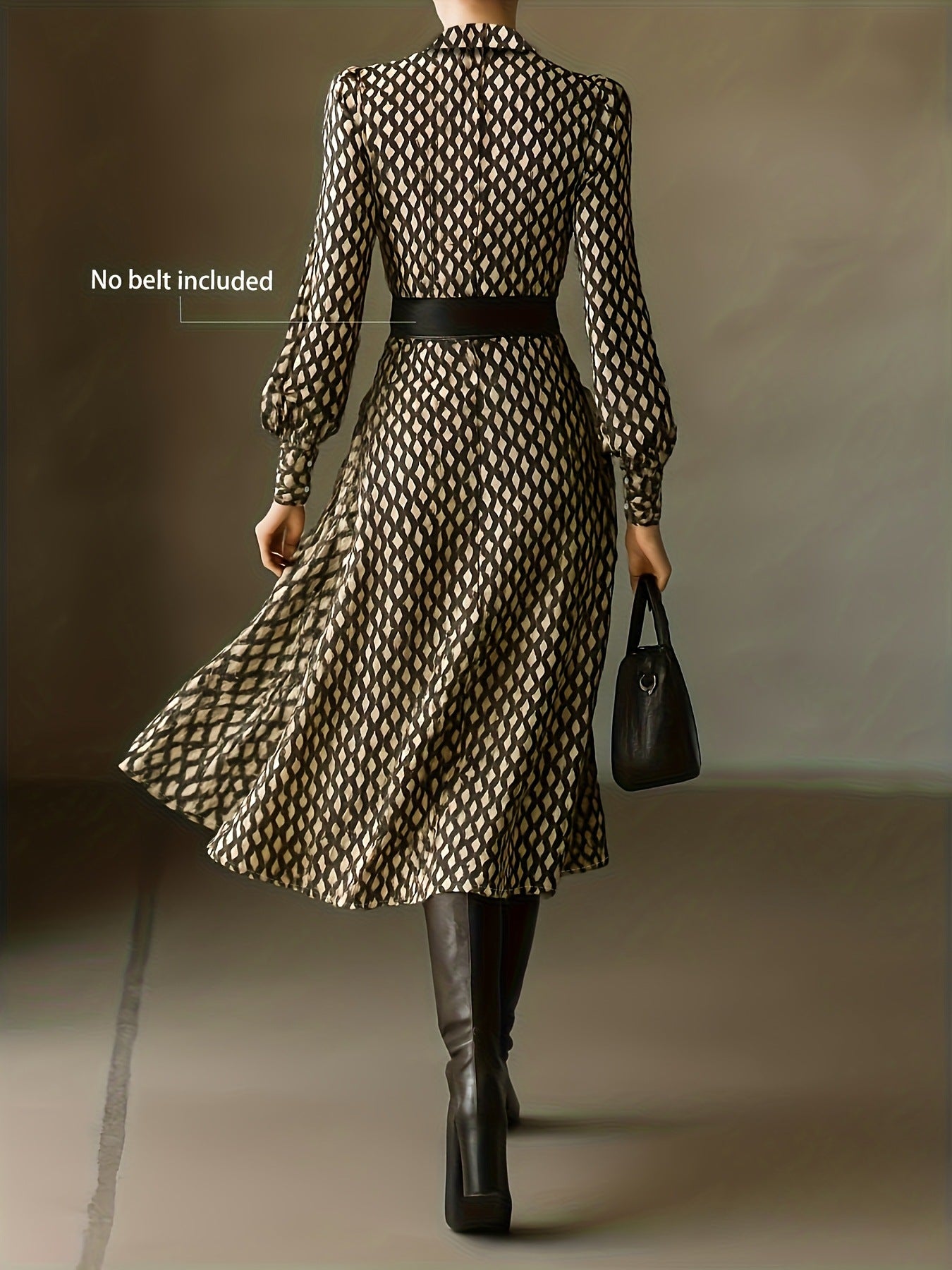 Geometric print midi dress with collar and long sleeves, brown and cream pattern.