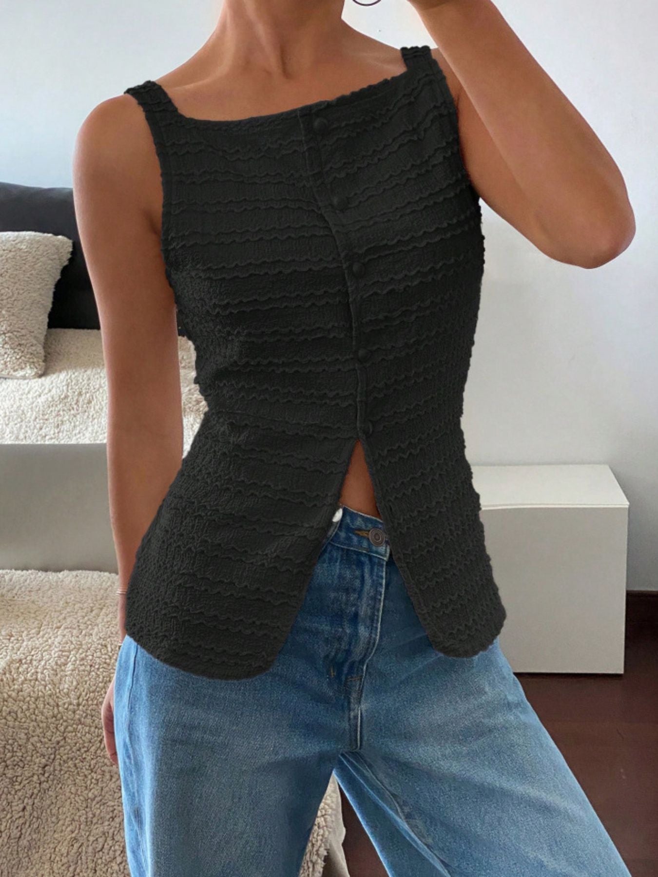 Black wavy textured button-front tank top with a square neckline and button detail.