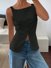 Black wavy textured button-front tank top with a square neckline and button detail.