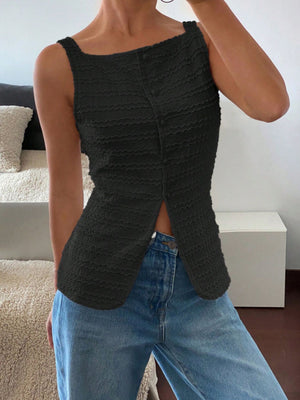 Black wavy textured button-front tank top with a square neckline and button detail.