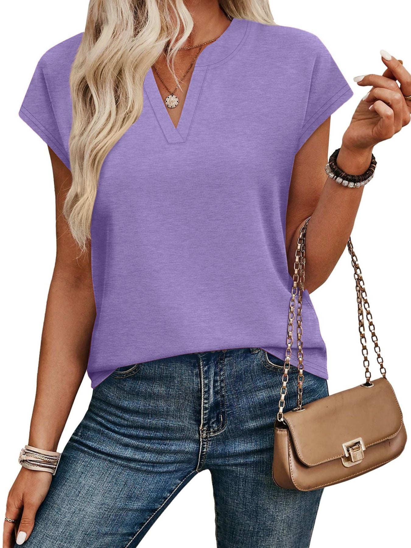 Purple short-sleeve t-shirt with notched V-neck and heathered texture.