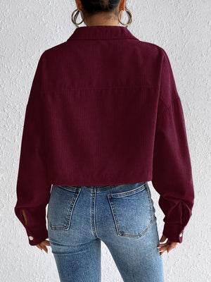 Burgundy corduroy cropped jacket with snap cuffs and collar, shown from the back.