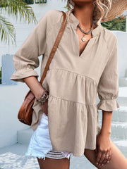 Tiered khaki linen blouse with V-neck and ruffled 3/4 sleeves