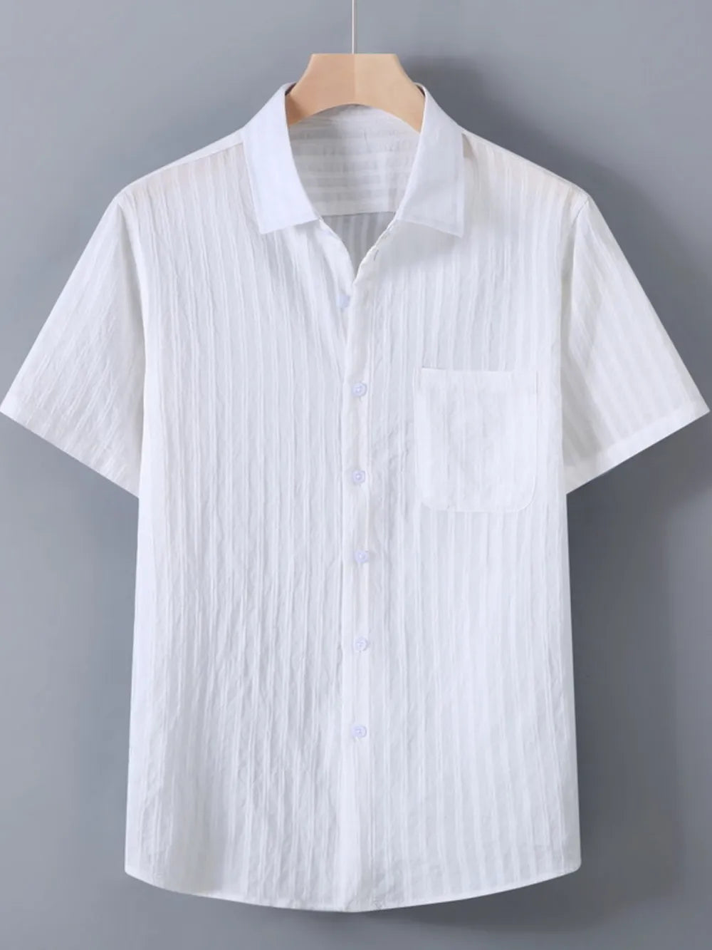 White textured button-up short-sleeve cotton shirt with chest pocket