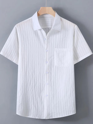 White textured button-up short-sleeve cotton shirt with chest pocket