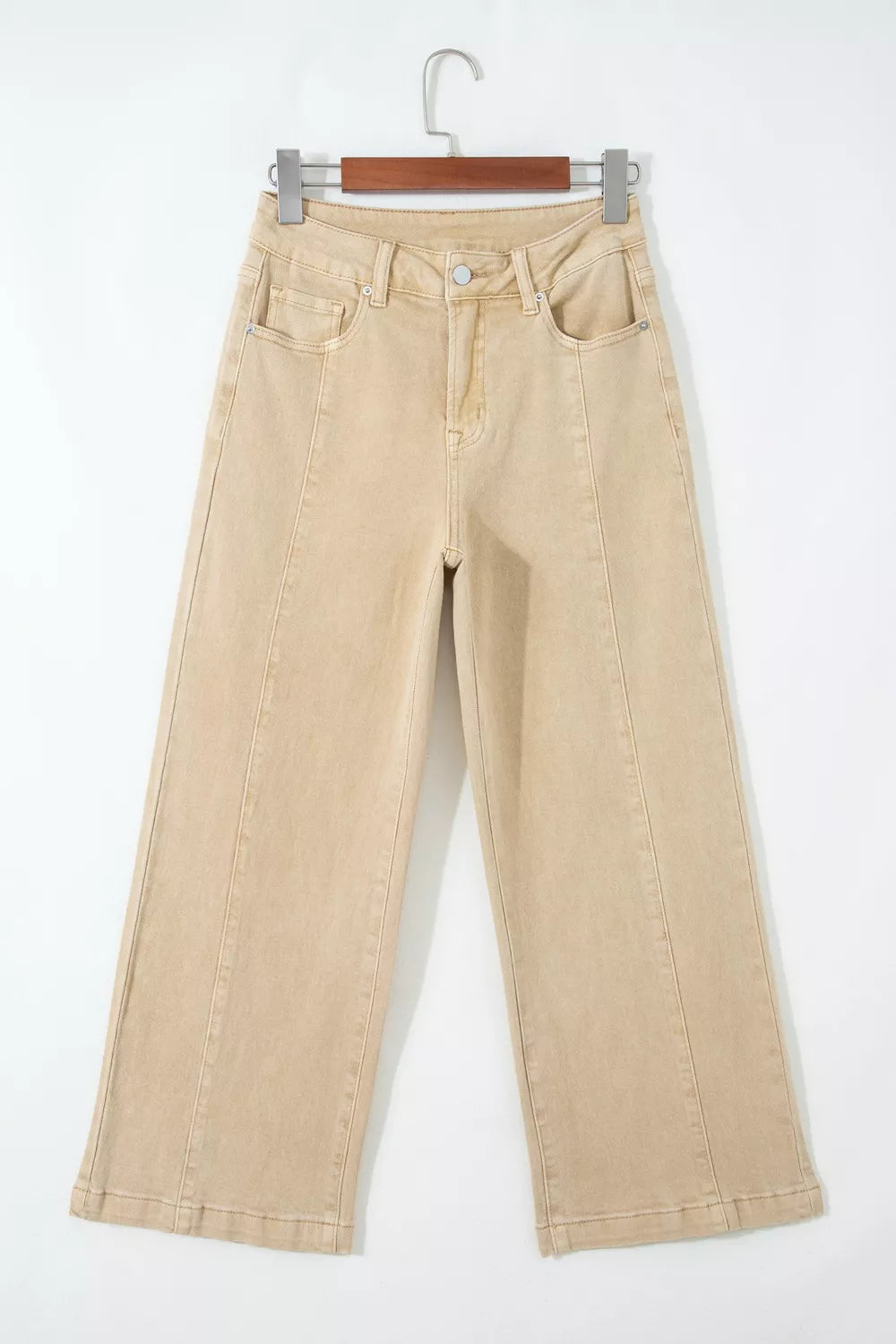 High-waisted cropped wide-leg jeans in tan denim with front seam detail.