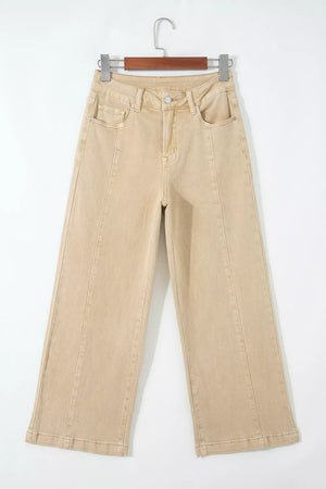 High-waisted cropped wide-leg jeans in tan denim with front seam detail.