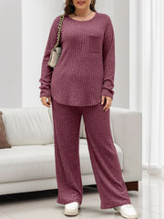 Ribbed knit lounge set in deep purple with a chest pocket and wide leg pants.