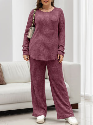 Ribbed knit lounge set in deep purple with a chest pocket and wide leg pants.
