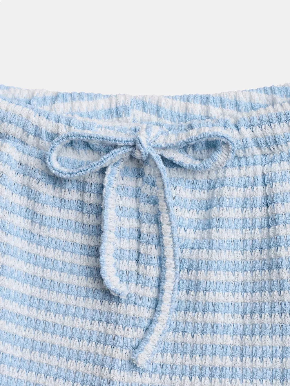 Blue and white striped maternity pants with drawstring waist detail