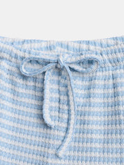 Blue and white striped maternity pants with drawstring waist detail