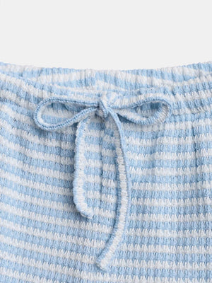 Blue and white striped maternity pants with drawstring waist detail