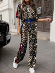Leopard print loungewear set with blue drawstring waist and red & blue side stripes.