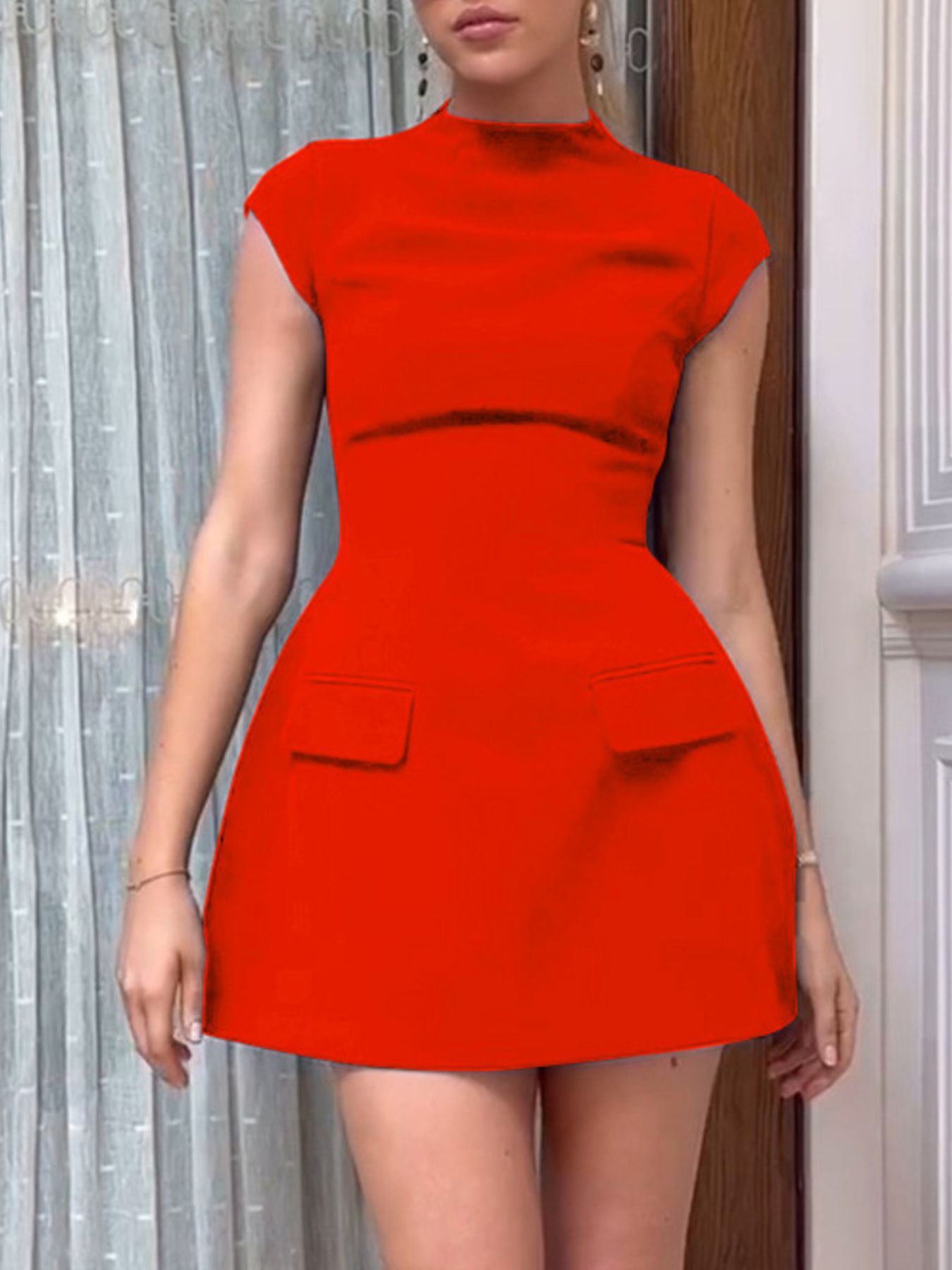 Red mock neck a-line mini dress with cap sleeves and flap pockets