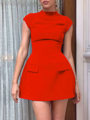 Red mock neck a-line mini dress with cap sleeves and flap pockets