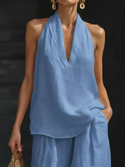 Sky blue halter neck top with wide-leg pants set, casual breezy women's outfit
