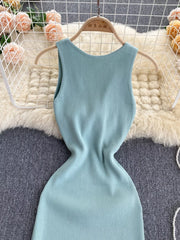 Light blue ribbed knit midi dress with a scoop neck and sleeveless design.