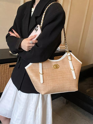 Contrast Trim Adjustable Strap Shoulder Bag in Tan, model styling view